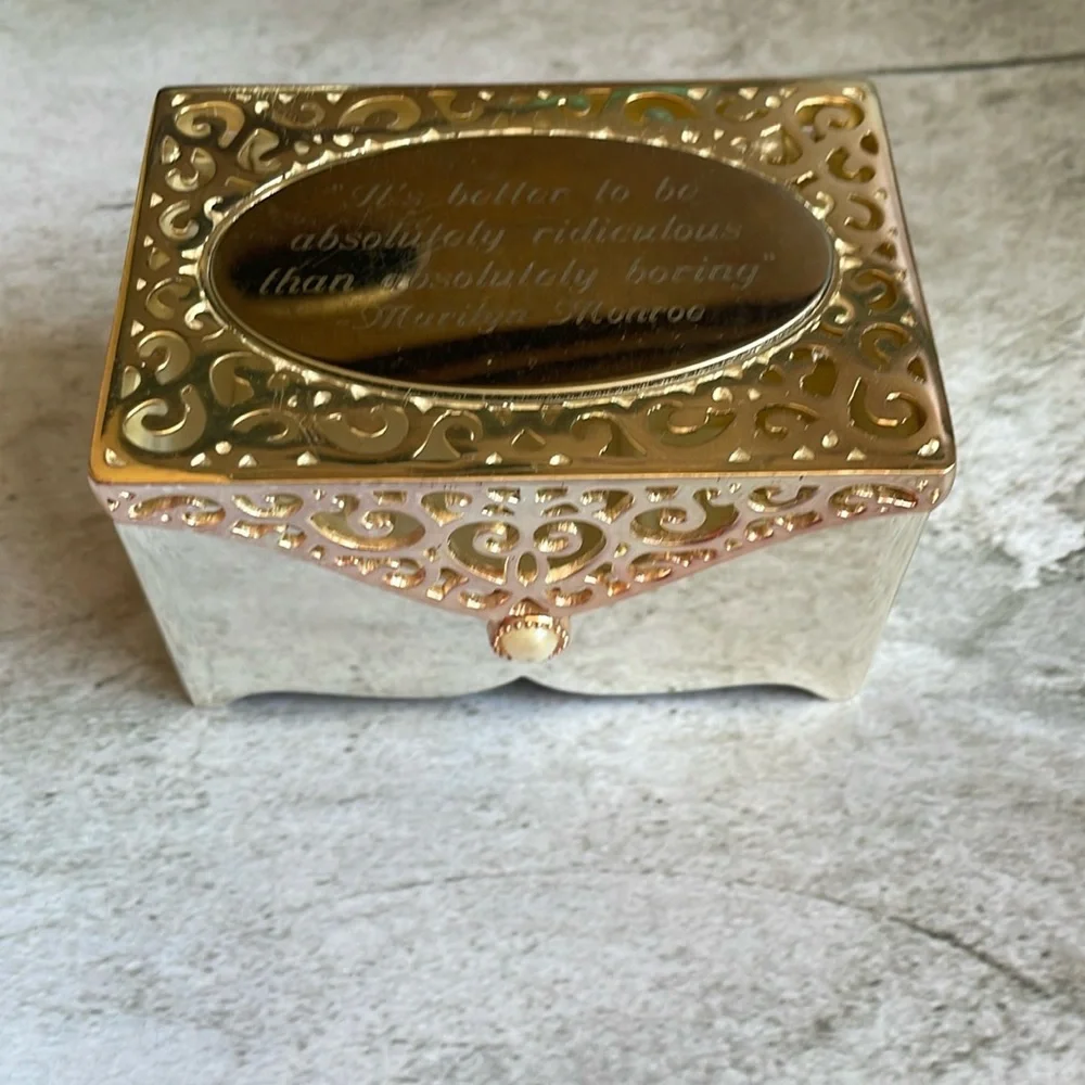 Silver Jewelry Box, Ornate, Marylin Monroe Quote Engraving